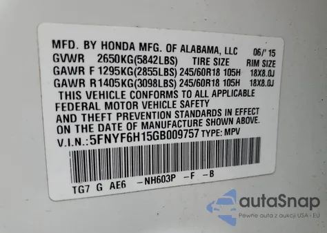 2016 Honda Pilot Lx z USA, uszkodzony, nr VIN 5FNYF6H15GB009757